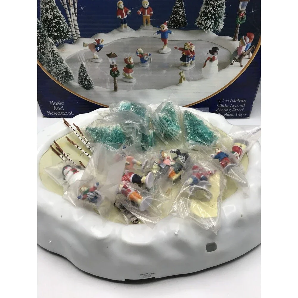 Vintage Happy Winter Holiday Village Skating Pond Musical Works And Complete